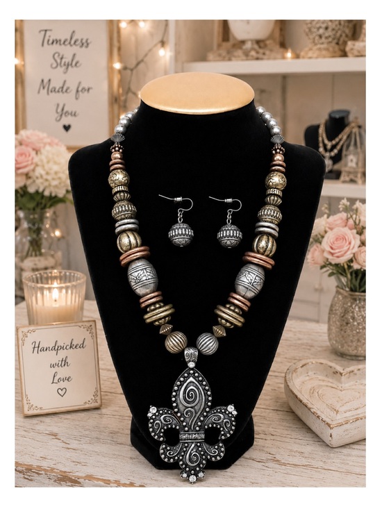 Jewelry - Fleur-de-Lis Multi-Tone Statement Necklace & Earring Jewelry Set.
